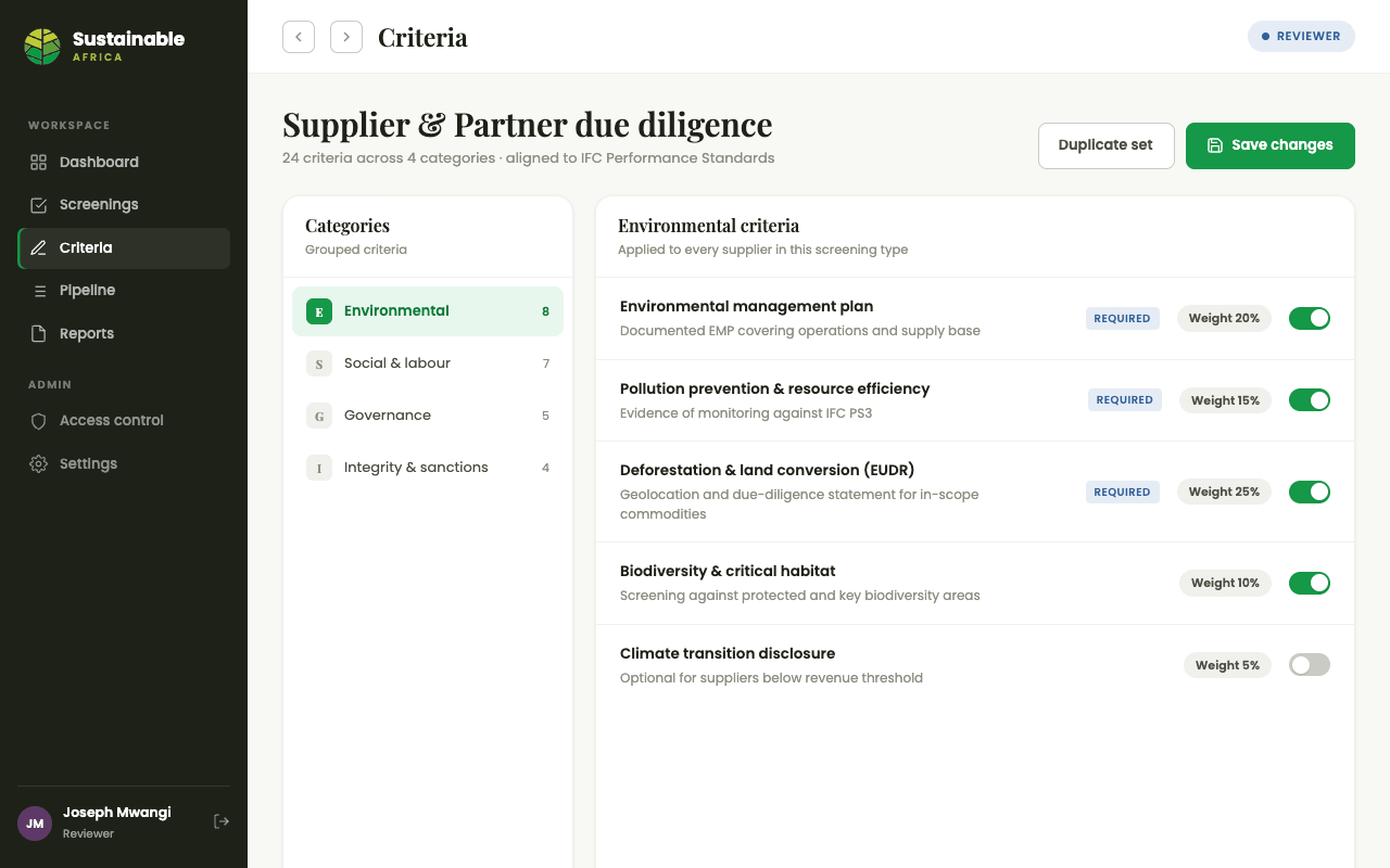 Criteria configuration screen showing weighted, grouped screening criteria