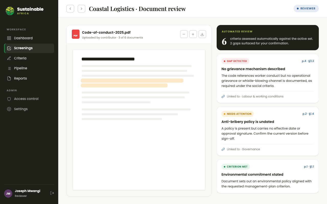Document review screen with automated findings flagged against the active criteria